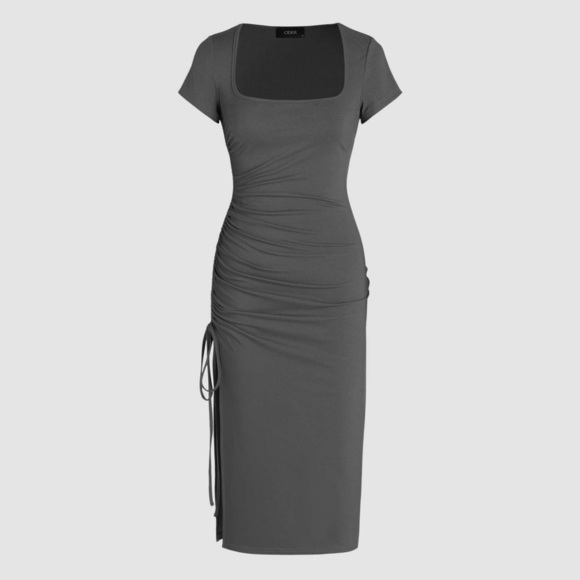 Cider Dress Gray Square Neck Ruched Short Sleeve Ribbed MIDI Dress Size Large - Picture 1 of 10